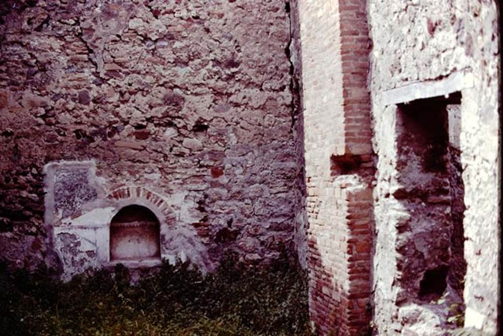 VII.15.8 Pompeii, 1978. Looking towards niche in north wall of garden area. Photo by Stanley A. Jashemski.   
Source: The Wilhelmina and Stanley A. Jashemski archive in the University of Maryland Library, Special Collections (See collection page) and made available under the Creative Commons Attribution-Non Commercial License v.4. See Licence and use details. J78f0238
According to Boyce, in the centre of the north wall of the garden area near the floor, was an arched niche. The wall around it was covered with a rectangular panel of white stucco. On this was an aedicula façade which was marked off with yellow and violet lines in low relief. The work was delicately executed but somewhat irregular.
See Boyce G. K., 1937. Corpus of the Lararia of Pompeii. Rome: MAAR 14. (p.72, no.332, Pl.6,2)