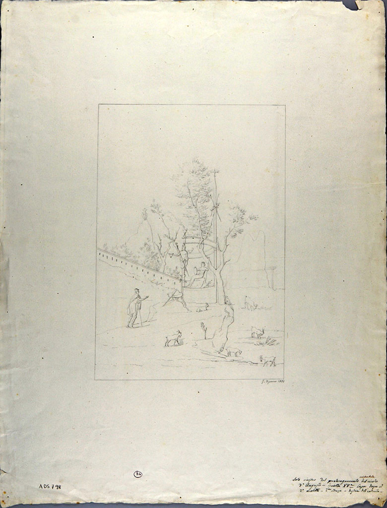 VII.15.13 Pompeii. Drawing by Geremia Discanno, 1872, of sacred landscape from north wall of triclinium.
Now in Naples Archaeological Museum. Inventory number ADS 798.
Photo © ICCD. http://www.catalogo.beniculturali.it
Utilizzabili alle condizioni della licenza Attribuzione - Non commerciale - Condividi allo stesso modo 2.5 Italia (CC BY-NC-SA 2.5 IT)