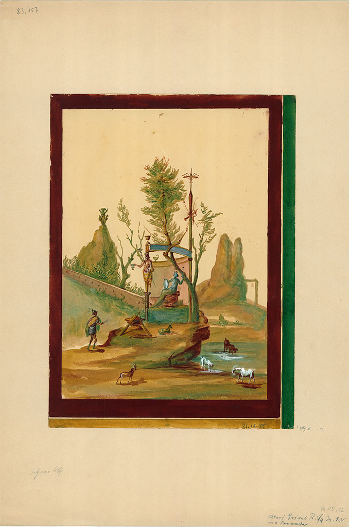 VII.15.13 Pompeii. 21st October 1885 watercolour painting of sacred landscape. North wall of triclinium.
The temple canopy is supported by a herm of Dionysus holding a kantharos and a thyrsus.
Artemis, identified by her crown, bow, quiver, lance and the crown at the top of the pole, is sitting in the temple.
See Carratelli, G. P., 1990-2003. Pompei: Pitture e Mosaici: Vol. VII.  Roma: Istituto della enciclopedia italiana, p. 832-3.
DAIR 83.157. Photo © Deutsches Archäologisches Institut, Abteilung Rom, Arkiv. 
See Kuivalainen, I., 2021. The Portrayal of Pompeian Bacchus. Commentationes Humanarum Litterarum 140. Helsinki: Finnish Society of Sciences and Letters, p.89-90, A12.
