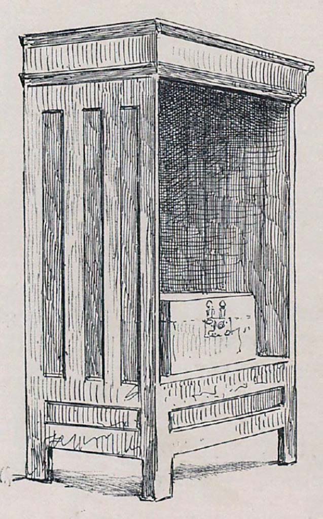 VII.15.13 Pompeii. Wooden cupboard or apotheca, found in this house.
Reconstruction on display in Pompeii Museum prior to 1943 bombing, drawn by Pierre Gusman.
According to Gusman this was provenanced from VII.15.12 and on the Eschebach plan, this is number 12, which according to Garcia y Garcia is correct.
See Garcia y Garcia, L., 2006. Danni di guerra a Pompei. Rome: L’Erma di Bretschneider.  (P.183, fig..425)
See Gusman P., 1899. Pompei : La Ville, Les Mœurs, Les Arts. Paris: Société française d'éditions d'art, (p.312)