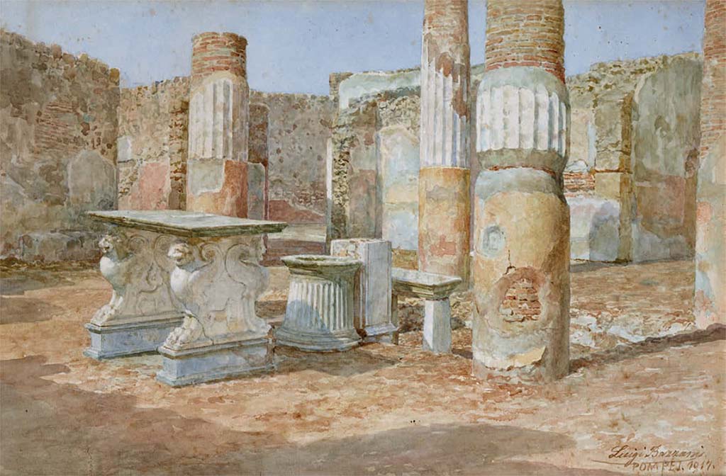 VII.15.13 Pompeii. c.1917. Watercolour by Luigi Bazzani. 
Looking north-west across impluvium in atrium, with entrance doorway on right.
Now in Naples Archaeological Museum, inv. no. 139459.