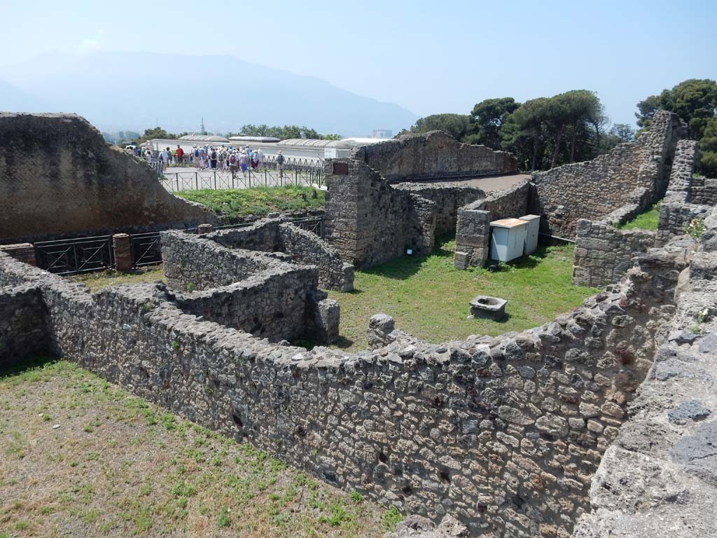 VII.16.1 Pompeii. June 2019. Looking towards wall of VII.16.3, over which can be seen the atrium of VII.16.1.
Looking south-west from rear of VII.16.10.   Photo courtesy of Buzz Ferebee.