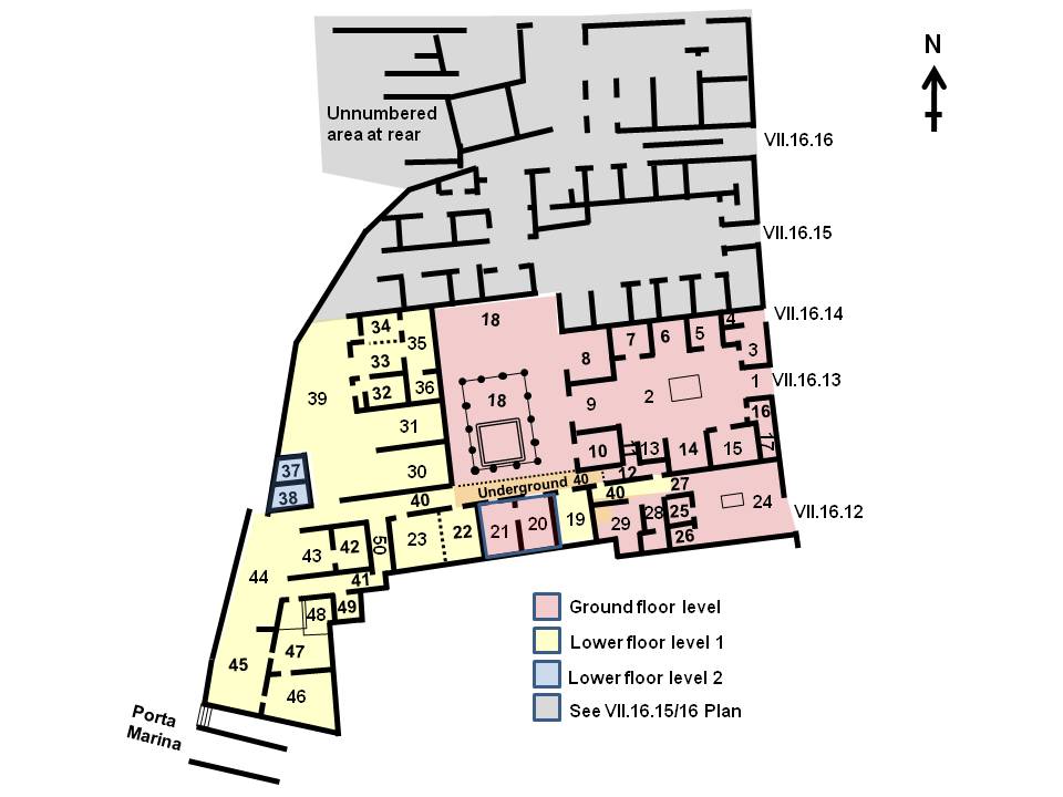 VII.16.13 plan VII.16.13/12/14 Pompeii. Casa di Umbricius Scaurus (II)
or House of Aulus Umbricius Scaurus, Father and Son (II)
Plan