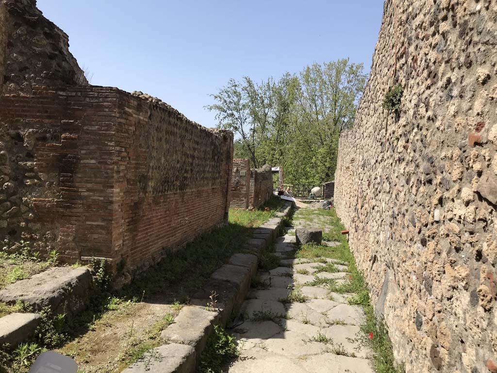 VII.16.14 Pompeii. April 2019. Looking north on Vicolo del Gigante/Vicolo dei Soprastanti, from near doorway, on left.
Photo courtesy of Rick Bauer.