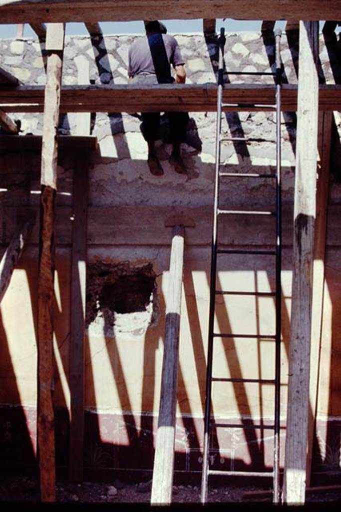 VII.16.22 Pompeii, 1968. Room 17, east wall, during consolidation.  Photo by Stanley A. Jashemski. Source: The Wilhelmina and Stanley A. Jashemski archive in the University of Maryland Library, Special Collections (See collection page) and made available under the Creative Commons Attribution-Non-Commercial License v.4. See Licence and use details. J68f1641 According to PPM, this painted wall was from the triclinium of I.14.5. According to Grimaldi, the east wall of room 17 was decorated in the IVth style. See Grimaldi M., 2014. Pompei Vol. II: La casa di Marco Fabio Rufo. Napoli: Valtrend, p. 106.