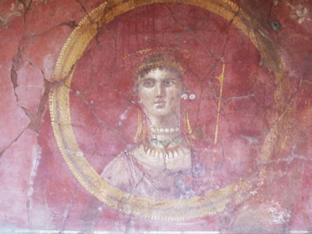 VII.16.17-22 Pompeii. December 2007. 
Room 7, room overlooking portico (2) in House of Maius Castricius, detail of painted face of female divinity in round panel.
According to Varriale, this is a painted shield with painting of Venus Physica Pompeiana.
See Varriale I., VII 16, Insula Occidentalis, 17, Casa di Maius Castricius in Aoyagi M., Pappalardo U., 2006. Pompei (Regiones VI-VII) Insula Occidentalis. Napoli: Valtrend, p 442.