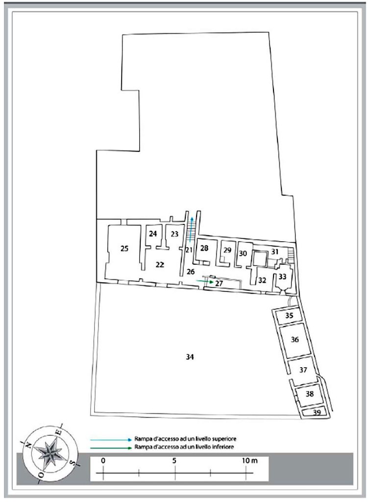 VII.16.17 Pompeii. Casa di Maius Castricius. Plan of second lower level floor.
Plan M. Notomista and E. Piccirilli.
See Varriale I., VII 16, Insula Occidentalis, 17, Casa di Maius Castricius in Aoyagi M., Pappalardo U., 2006. Pompei (Regiones VI-VII) Insula Occidentalis. Napoli: Valtrend, p 427, Tav. 13.