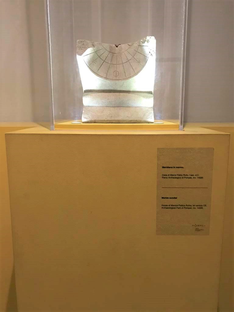 VII.16.17-22, Pompeii. House of Fabius Rufus. April 2019. 
Marble sundial. In exhibition in Antiquarium. PAP inventory number 14330.
Photo courtesy of Rick Bauer.