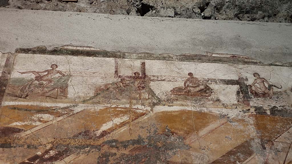 VII.16.a Pompeii. July 2021. Room 7, upper south wall, detail of erotic paintings numbered IIII, III, II and I.
Foto Annette Haug, ERC Grant 681269 DÉCOR.