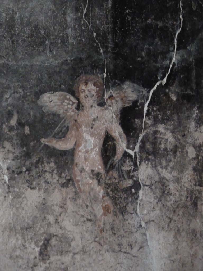 VII.16.a Pompeii. May 2010. 
Vestibule 8, detail of painting of winged cherub on the east wall near doorway to room 7.