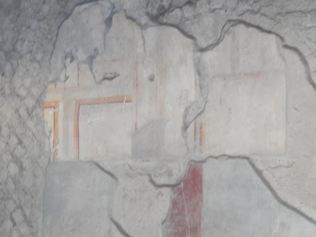 VII.16.a Pompeii. May 2015. 
Vestibule 8, detail of wall decoration on east wall to the north of doorway to room 6. Photo courtesy of Buzz Ferebee.