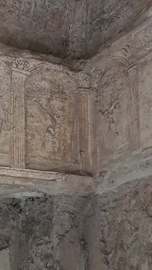VII.16.a Pompeii. August 2021. Room 6, detail from north-east corner.
Foto Annette Haug, ERC Grant 681269 DÉCOR.