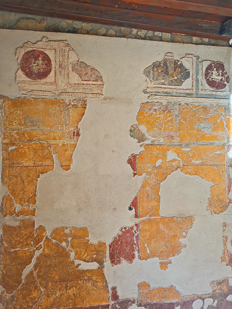 VII.16.a Pompeii. November 2023. 
Room 1, detail from upper north wall. Photo courtesy of Giuseppe Ciaramella.