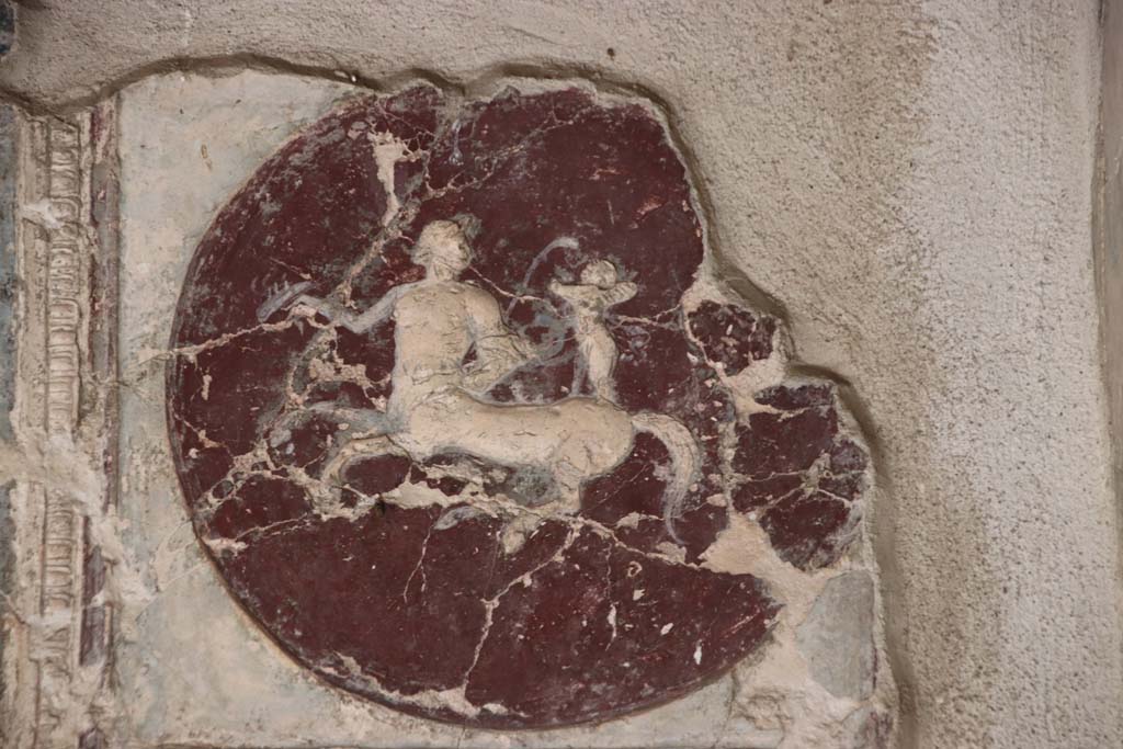 VII.16.a Pompeii. October 2020. Room 1, plasterwork and painting with centaur and cupid on medallion on east side of north wall. 
Photo courtesy of Klaus Heese.