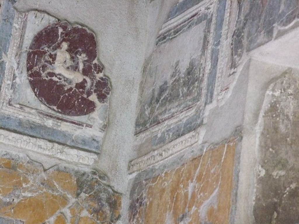 VII.16.a Pompeii. December 2006. Room 1, plasterwork and painting in north-east corner.