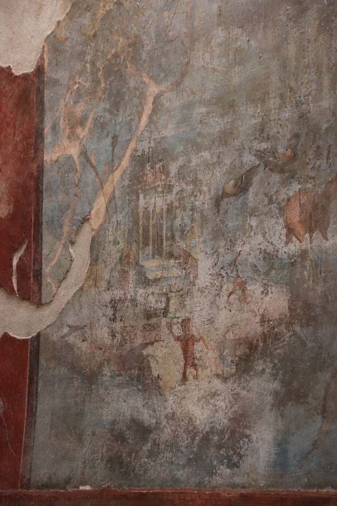 VII.16.a Pompeii. October 2020. 
Room 9, detail of marine scene from north end of east wall. Photo courtesy of Klaus Heese.