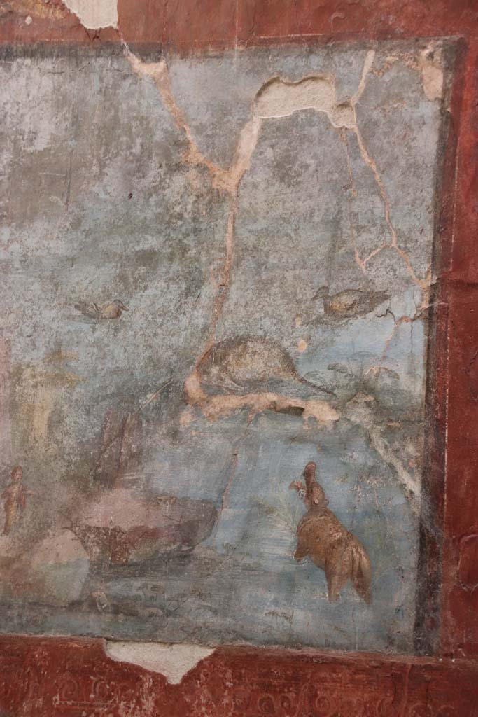 VII.16.a Pompeii. October 2020. Room 9, detail from upper part of east wall at south end. 
Photo courtesy of Klaus Heese.