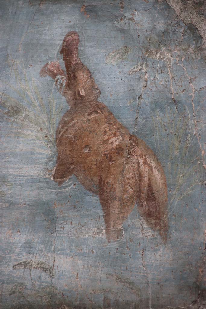 VII.16.a Pompeii. October 2020. Room 9, detail from upper part of south end of east wall.  
Photo courtesy of Klaus Heese.