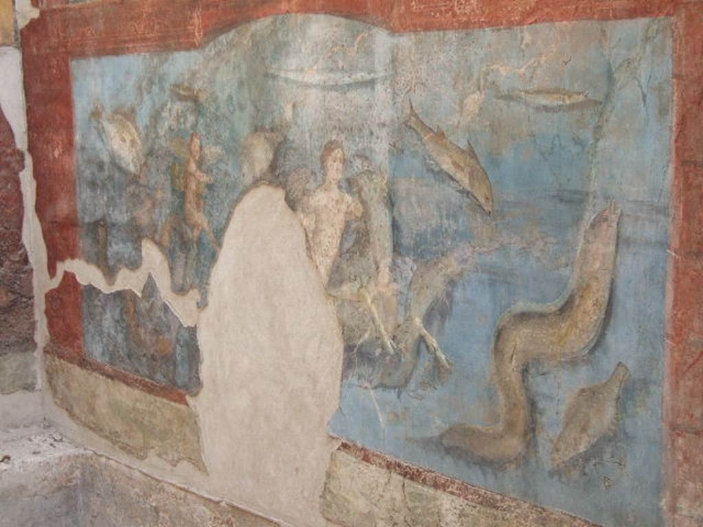 VII.16.a Pompeii. September 2005. Room 9, marine scene from lower east wall.
