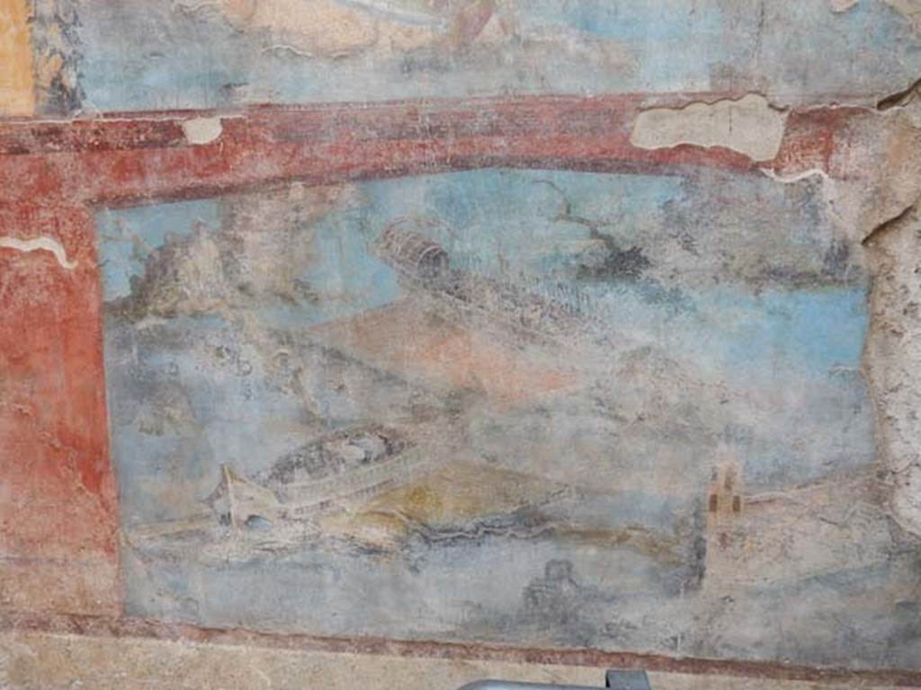 VII.16.a Pompeii. May 2015. Room 9, lower south wall, naval scene. Photo courtesy of Buzz Ferebee.