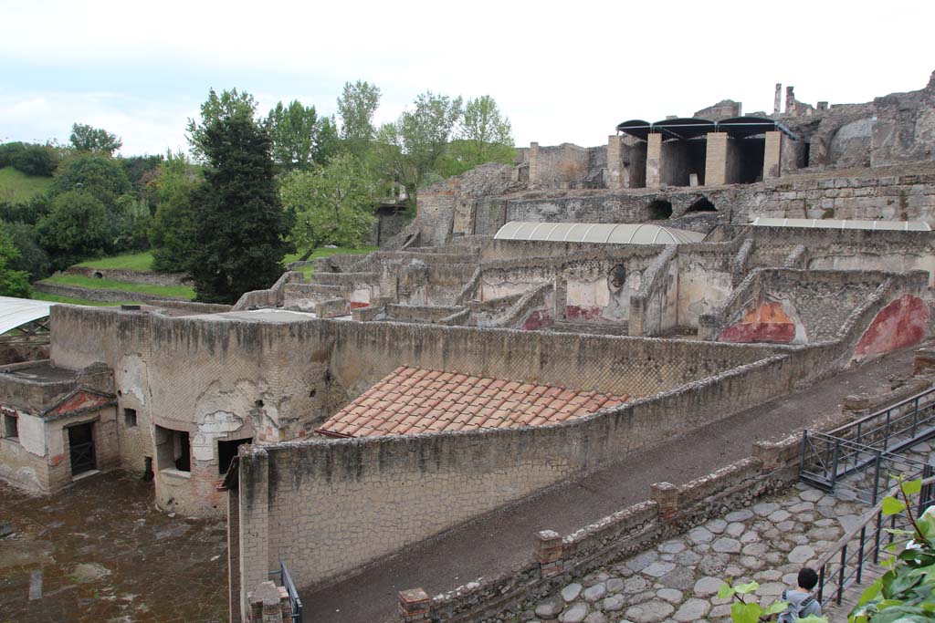 VII.16.a Pompeii. April 2014. 
Looking north-east from entrance to Baths, lower left, along portico on roadway leading to Porta Marina. Photo courtesy of Klaus Heese.