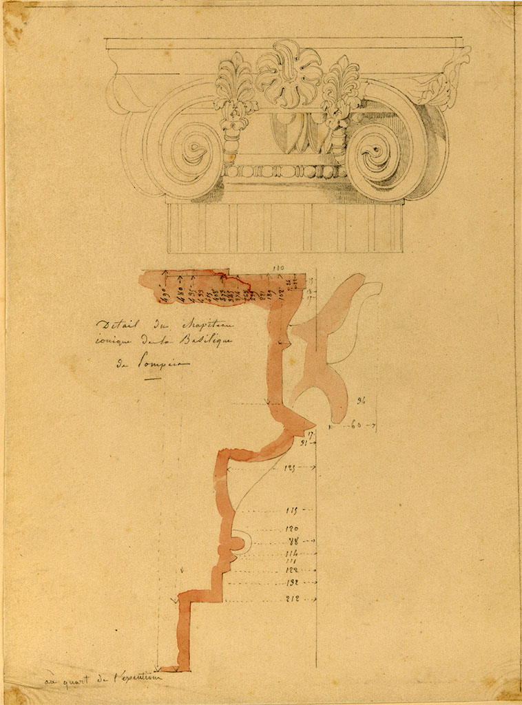 VIII.1.1 Pompeii. 1848? Sketch of detail of Ionic capital in the Basilica.
See Plantar, Jean-Baptiste (1790-1879) Album de dessins d'architecture et d'art décoratif, pl. 7 verso.
INHA Identifiant numérique : NUM MS 675. See Book on INHA 
Document placé sous « Licence Ouverte / Open Licence » Etalab