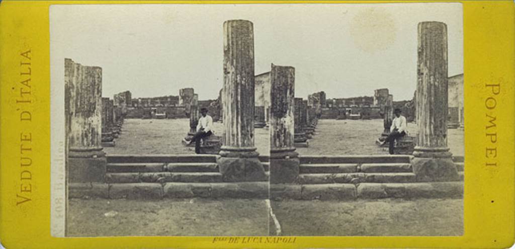 VIII.1.1 Pompeii. Stereoview by De Luca looking west from the Forum, across entrance steps into Basilica. 
This shows the Basilica before reconstruction. Photo courtesy of Rick Bauer.