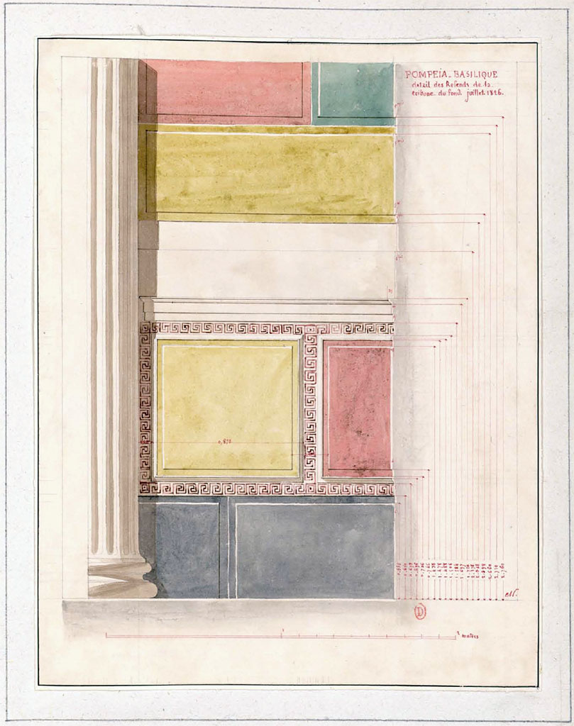 VIII.1.1 Pompeii. July 1826. Watercolour sketch by P.A. Poirot of detail of the side wall of the Tribunal.
See Poirot, P. A., 1826. Carnets de dessins de Pierre-Achille Poirot. Tome 2 : Pompeia, pl. 47.
See Book on INHA  Document placé sous « Licence Ouverte / Open Licence » Etalab