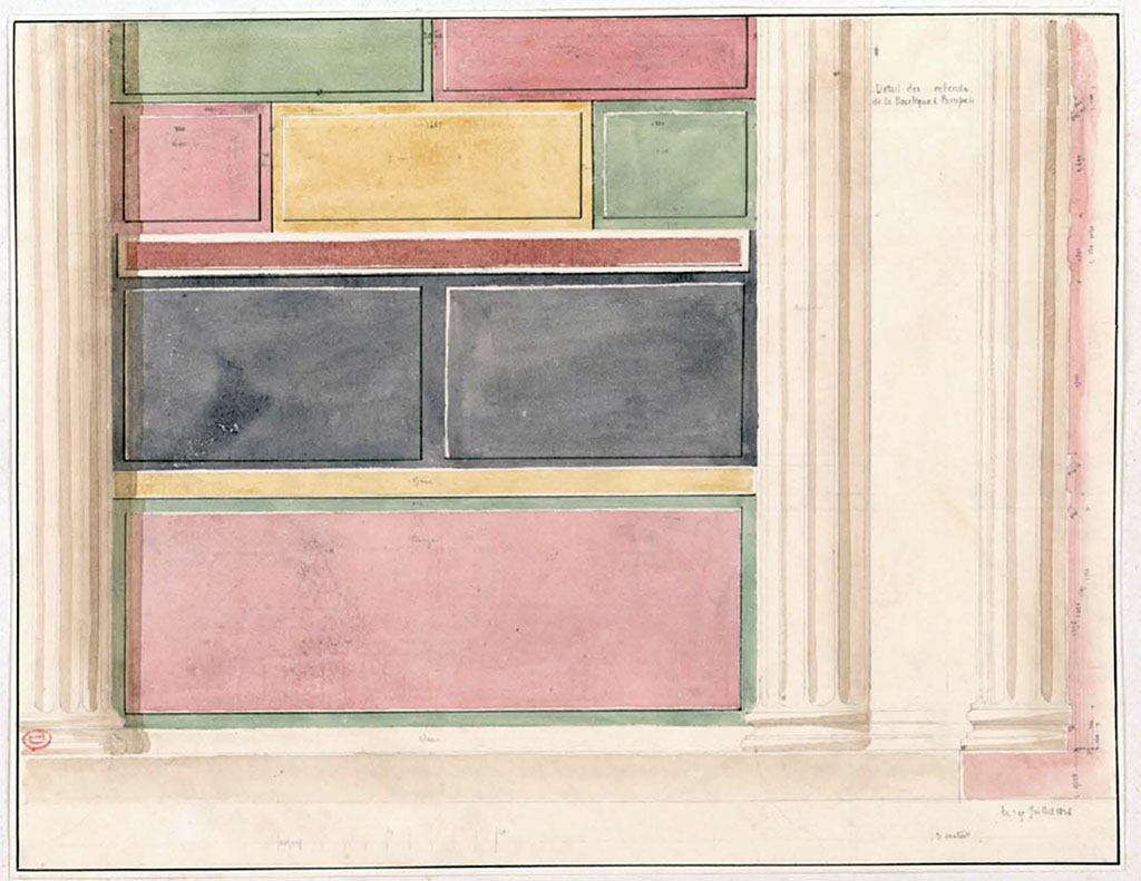 VIII.1.1 Pompeii. July 1826. Watercolour by P.A. Poirot, of coloured stucco in Basilica
See Poirot, P. A., 1826. Carnets de dessins de Pierre-Achille Poirot. Tome 2 : Pompeia, pl. 48.
See Book on INHA  Document placé sous « Licence Ouverte / Open Licence » Etalab