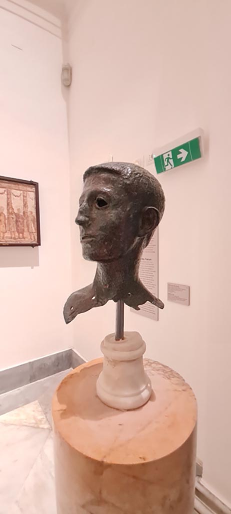 VIII.1.1 Pompeii. April 2023. 
Bronze bust found in the area of the Basilica, said to be of Marcellus nephew of Augustus.
On display in “Campania Romana” gallery in Naples Archaeological Museum.
Photo courtesy of Giuseppe Ciaramella.