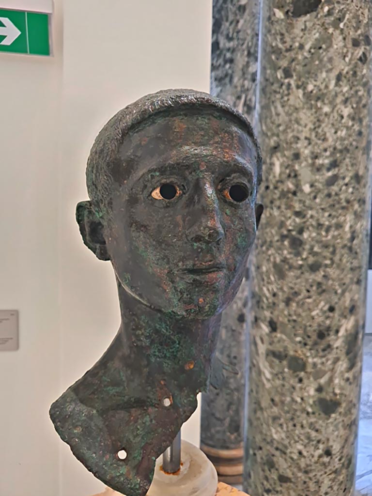 VIII.1.1 Pompeii. April 2023. 
Detail of bronze bust of young man said to be Marcellus, nephew of Augustus, found in the area of the Basilica.
On display in “Campania Romana” gallery in Naples Archaeological Museum.  Photo courtesy of Giuseppe Ciaramella.