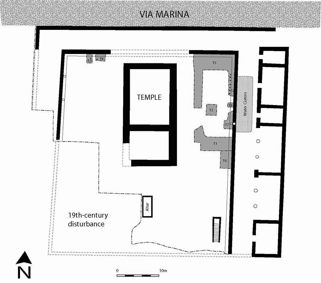VIII.1.3 Pompeii. Sanctuary of Venus in its first Roman phase of the first century B.C. Excavated trenches are shown in grey; the black dots in the trenches are planting pits.
Plan by O. Jessop. Photo courtesy of M. Carroll.
See Carroll M., 2008. Nemus et Templum. Exploring the sacred grove at the Temple of Venus in Pompeii in Nuove ricerche archeologiche nell’area vesuviana: (scavi 2003-2006). Roma: L’Erma di Bretschneider, p. 38 fig. 1.