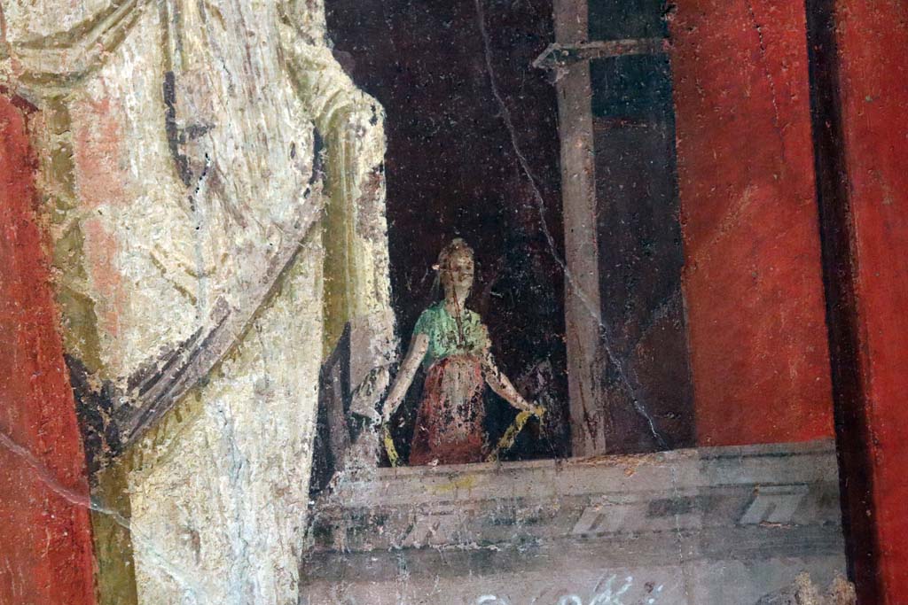 VIII.1.4 Pompeii Antiquarium. February 2021. 
Detail from painted wall with architectural views from the Vesuvian region, on display in Pompeii Antiquarium.
Photo courtesy of Fabien Bièvre-Perrin (CC BY-NC-SA).