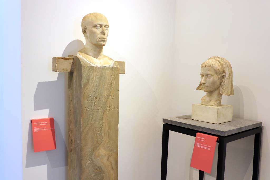 VIII.1.4 Pompeii Antiquarium. February 2021. 
Herm of Vesonius Primus from VI.14.20, and Bust of Marcellus, found in debris under VIII.2.1 or Temple of Venus.
Photo courtesy of Fabien Bièvre-Perrin (CC BY-NC-SA).