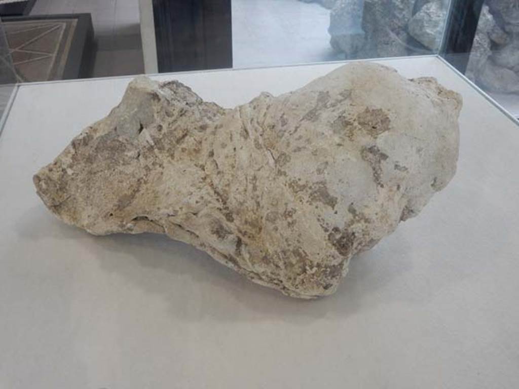 Boscoreale Antiquarium, May 2018. Cast of a man’s head with a mouth-gag, from the Villa of Pisanella.
Photo courtesy of Buzz Ferebee. 
See Maiuri A., 1978. Pompeii: 15th Edition. Roma: Istituto Poligrafico dello Stato, p. 107 above.