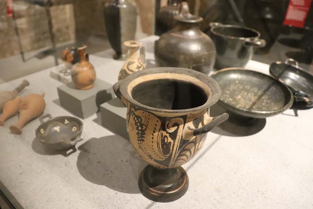 VIII.1.4 Pompeii Antiquarium. February 2021. 
Grave goods with black painted red-figured vases, ointment jars and rings, from Herculaneum Gate necropolis
Photo courtesy of Fabien Bièvre-Perrin (CC BY-NC-SA).