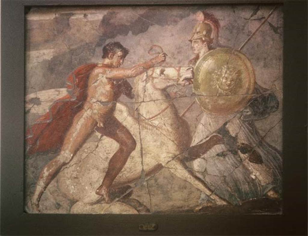 VIII.1.4, Antiquarium, Pompeii. August 1965. Fresco painting from I.8.8. of Bellerophon and Pegasus, found on the west wall of the triclinium.
Photo courtesy of Rick Bauer.