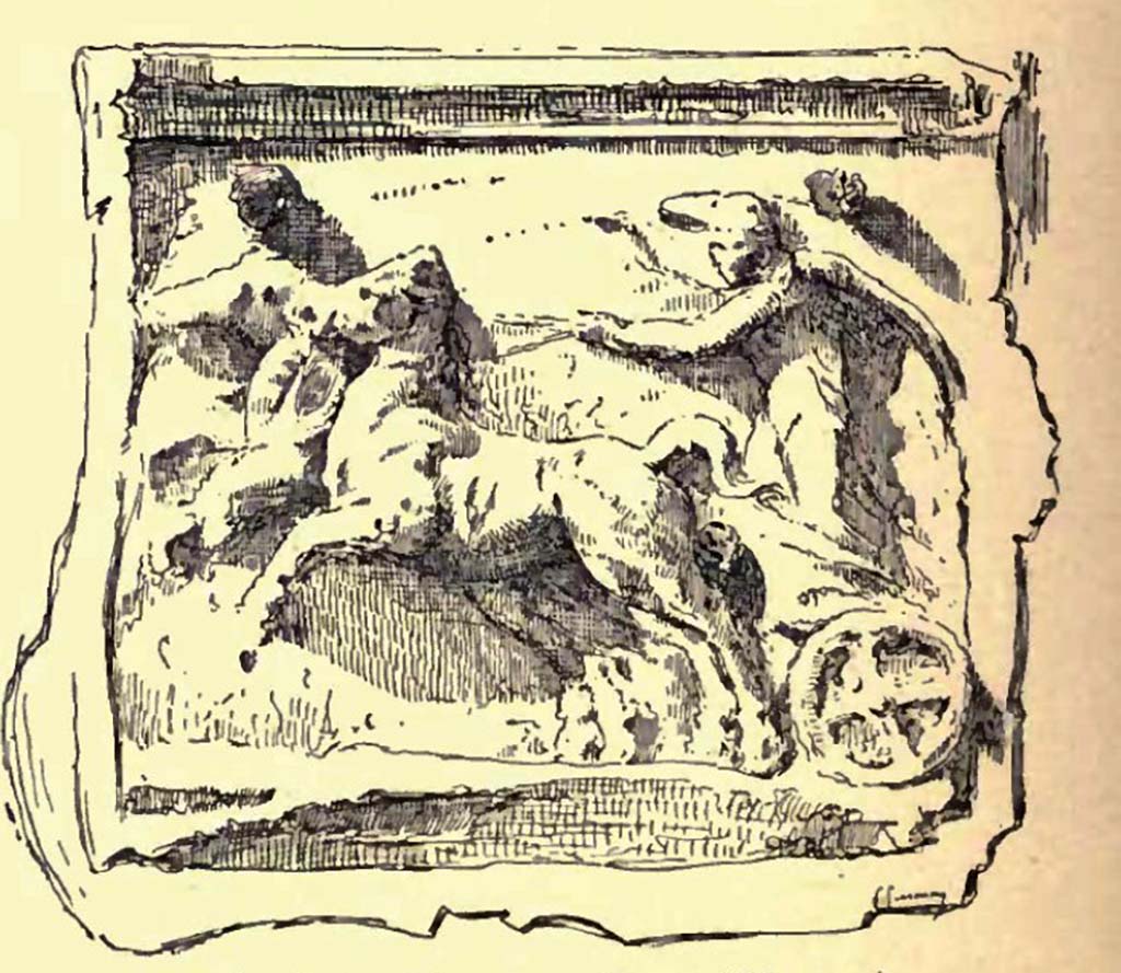 VIII.1.4 Pompeii Antiquarium. 1900. Drawing by Gusman of bas relief in terracotta, of Victory driving a Biga, from VI.15.
According to Gusman three bas reliefs of Victory driving a chariot were fastened to the wall in the same house each by three large nails.
The terracotta was painted, the horses in orange-red, Victory was dressed in green with a green cap and the hands and face were pink. 
See Gusman P., 1900. Pompeii: The City, Its Life & Art. London: Heinemann, p.402-3.
Please note the captions in the English version are reversed on the gutter and the bas relief from the French version of the book.