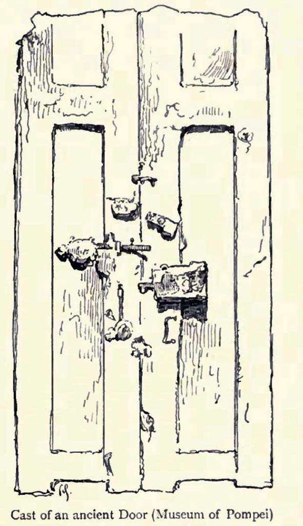 VIII.1.4 Pompeii Antiquarium. Drawing by Gusman of cast of an ancient door with locks.
See Gusman P., 1900. Pompeii: The City, Its Life & Art. London: Heinemann, p. 255.