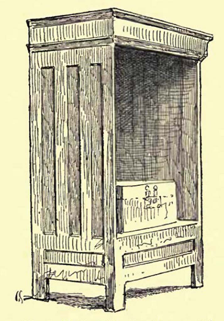 VIII.1.4 Pompeii Antiquarium. Drawing by Gusman of a reconstructed wooden cupboard (apotheca) from the Museum of Pompeii.
See Gusman P., 1900. Pompeii: The City, Its Life & Art. London: Heinemann, (p.276)