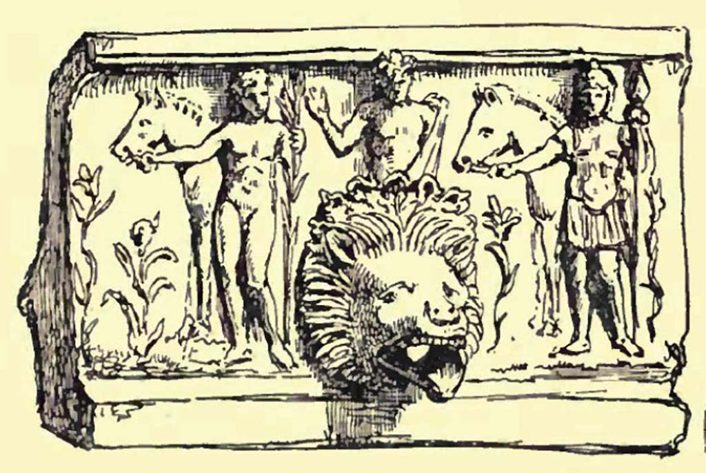 VIII.1.4 Pompeii Antiquarium. 1900. Drawing by Gusman of Gargoyle of a gutter, terracotta, from Pompeii Museum.
See Gusman P., 1900. Pompeii: The City, Its Life & Art. London: Heinemann, p.402.
Please note the captions in the English version are reversed on the gutter and the bas relief from the French version of the book.