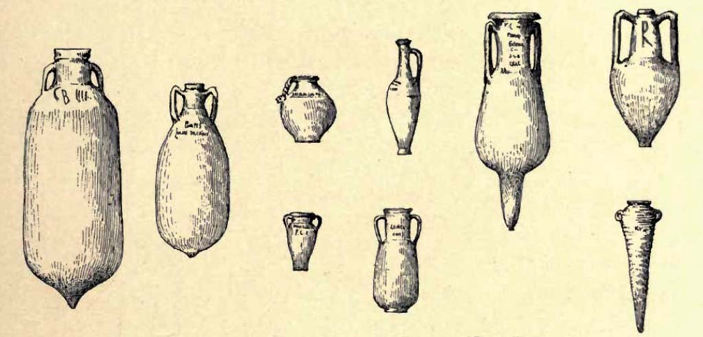 VIII.1.4 Pompeii Antiquarium. C.1900. Drawing by Gusman of earthenware vessels and amphorae in the Museum of Pompeii.
See Gusman P., 1900. Pompeii: The City, Its Life & Art. London: Heinemann, p.231