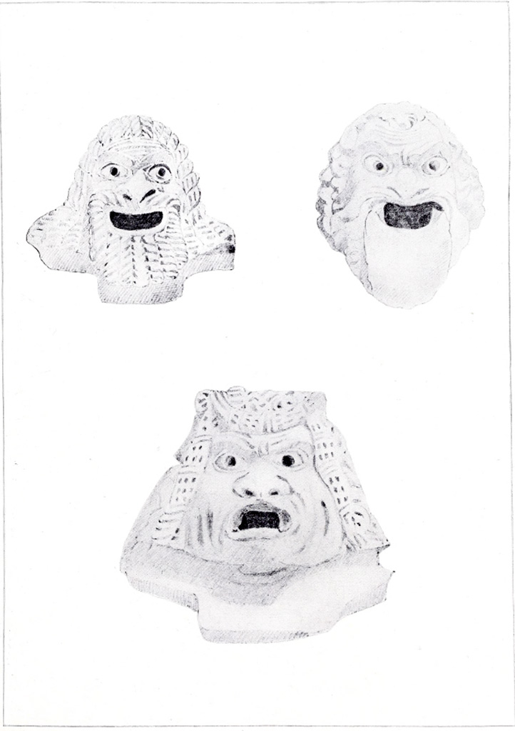 VIII.1.4 Pompeii Antiquarium. Terracotta water-spouts in form of masks. (Grondaia in forma di maschere.)
The height of the lowest mask is 6 inches and the width is 5 ½ inches.
The height of the upper mask, on the left-hand side, is also 6 inches and the width is 5 inches.
The height of the upper mask, on the right-hand side is 4 ½ inches and the width is 3 inches.
They are in the Museum at Pompeii.
See Briggs, R.A. (1911). Pompeian Decorations. London.: Batsford (see Fiorelli 1897, p.102 above, XIX, 887-911.)