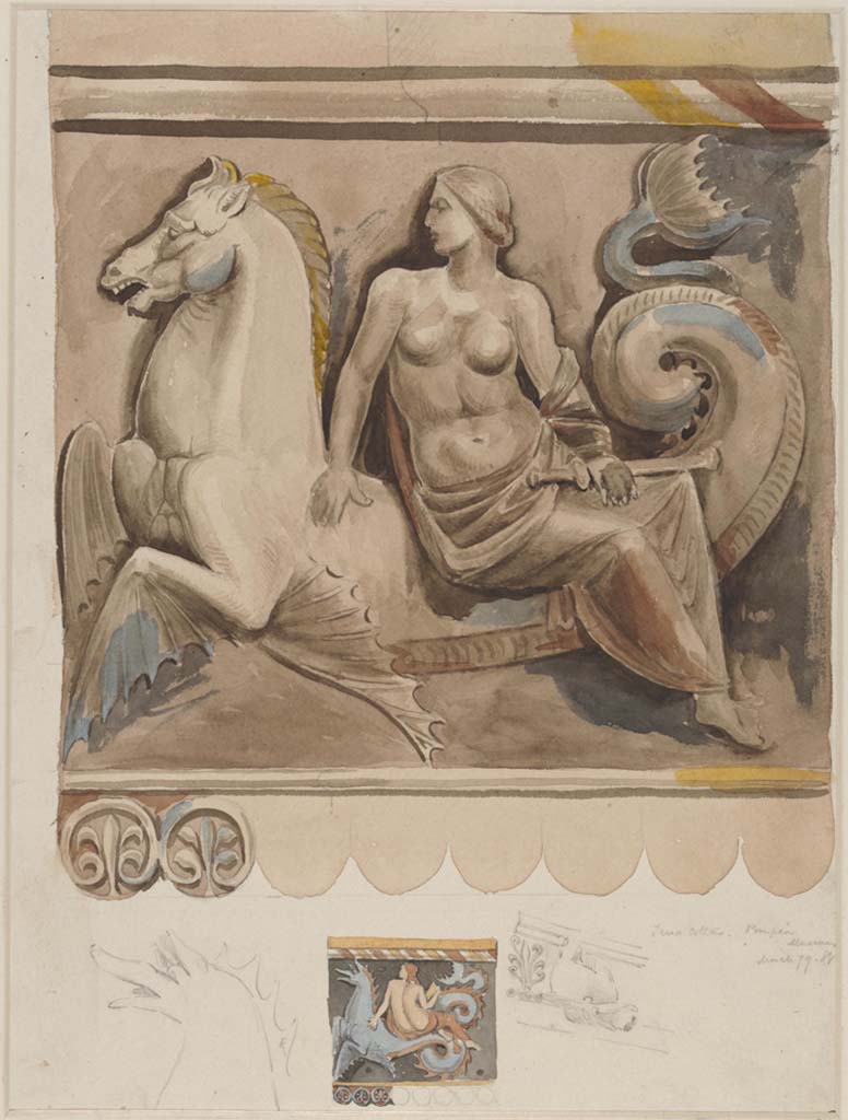 VIII.1.4, Antiquarium, Pompeii. Terracottas in Pompeii Museum, March 1879. 
Painting by Sydney Vacher of Terracotta fragments in basso-relief of a Nereid sitting on the back of a seahorse
Photo © Victoria and Albert Museum, inventory number E.4439-1910. 
According to Fiorelli – there were quite a number of fragments of these “grondaia” (waterspouts) on display, numbered 975-84.
These were described as “frammenti di grondaia, esibenti in bassorilievo una Nereide seduta sul dorso di un cavallo marino”.
See Fiorelli, G. Guida di Pompei, 1897, (p.103).