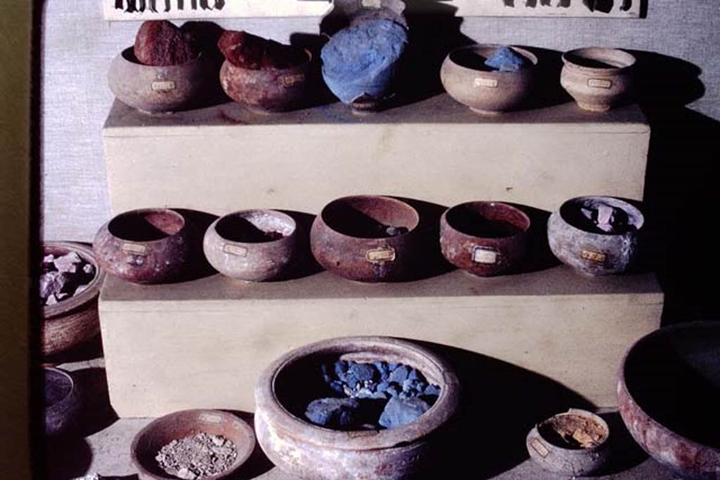 Pompeii. 1972. Paint colours. Photo by Stanley A. Jashemski. 
Source: The Wilhelmina and Stanley A. Jashemski archive in the University of Maryland Library, Special Collections (See collection page) and made available under the Creative Commons Attribution-Non-Commercial License v.4. See Licence and use details.
J72f0519
