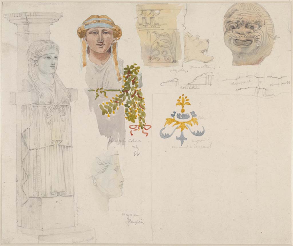 VIII.1.4, Antiquarium, Pompeii. c.1870’s. Drawings/watercolours by Sydney Vacher, of items from “museum Pompei”
Photo © Victoria and Albert Museum, inventory number E.4435-1910.
