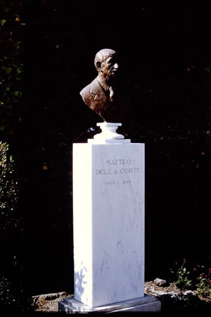 Larario dei Pompeianisti. Pompeii. 1966. Bust of  Matteo Della Corte. Photo by Stanley A. Jashemski.
Source: The Wilhelmina and Stanley A. Jashemski archive in the University of Maryland Library, Special Collections (See collection page) and made available under the Creative Commons Attribution-Non Commercial License v.4. See Licence and use details.
J66f0743