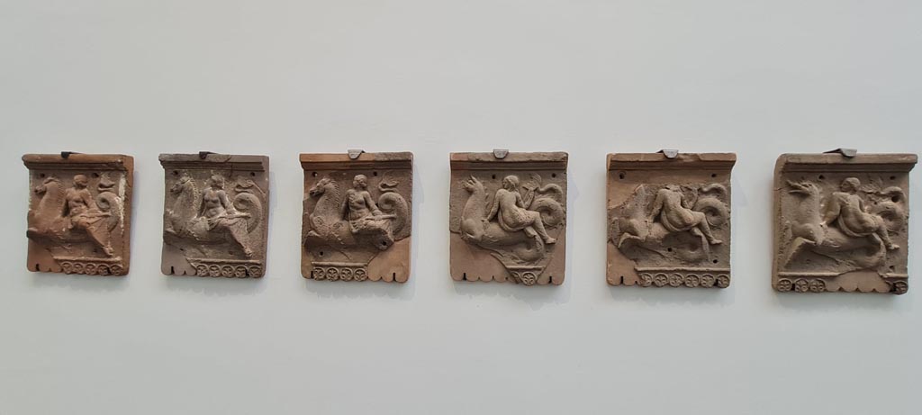 VIII.1.4 Pompeii Antiquarium. April 2022. 
Terracotta slabs with nereids on tritons (from Pompeii), which may have been found during the excavation of the foundations of the Greek temple.
(These can also be seen in here in Part 5, mentioned in Fiorelli’s “Guida di Pompei”).
Photo courtesy of Giuseppe Ciaramella.