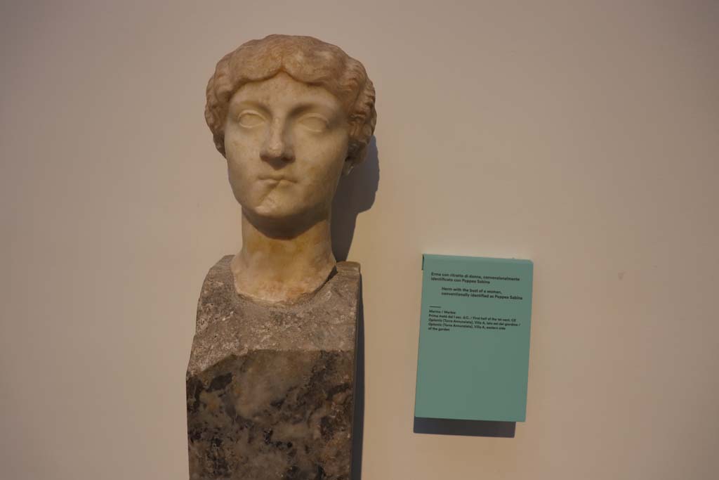 VIII.1.4 Pompeii. February 2021. Marble herm with the head of a woman, conventionally identified as Poppea Sabina, 
found on eastern side of the garden, in Villa A, at Oplontis. 
Photo courtesy of Fabien Bièvre-Perrin (CC BY-NC-SA).