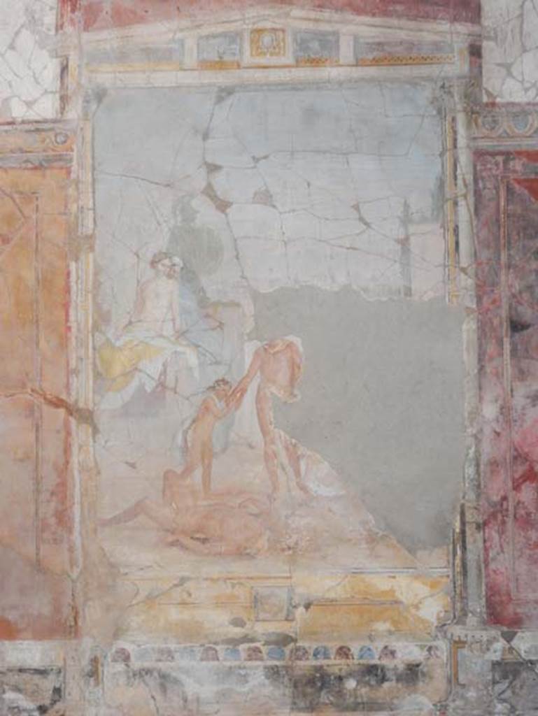 VIII.1.a, Pompeii. May 2018. Detail of central painting of Theseus and Minotaur, from east wall.
Photo courtesy of Buzz Ferebee.